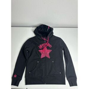 Yumico Merch Star Fleece Lined Hooded Jacket Size S Black Pink See Description